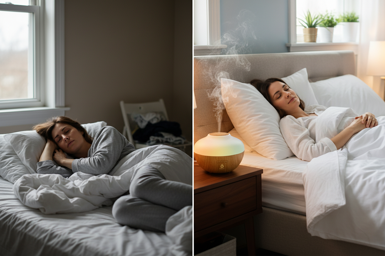 Before tired vs after peaceful with diffuser