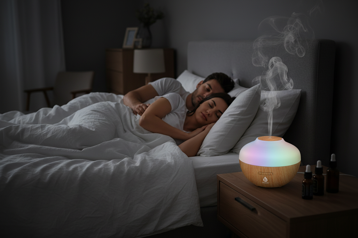 Couple sleeping peacefully with diffuser running