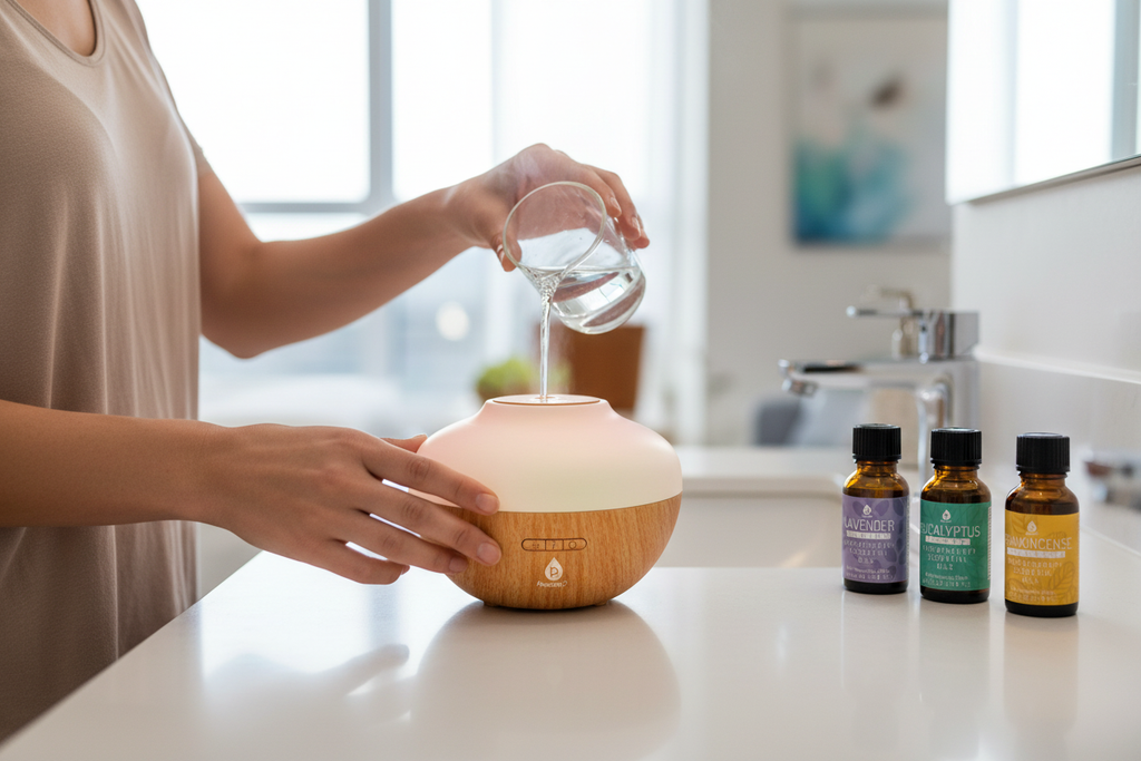 Hands filling diffuser with water